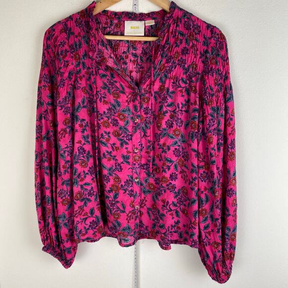 Maeve Calais Peasant Blouse Size XS Fuschia Pink Blue Floral Top Anthropologie - Picture 7 of 14